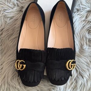 Gucci Marmont Black Velvet Fringe Loafers Flats 38.5